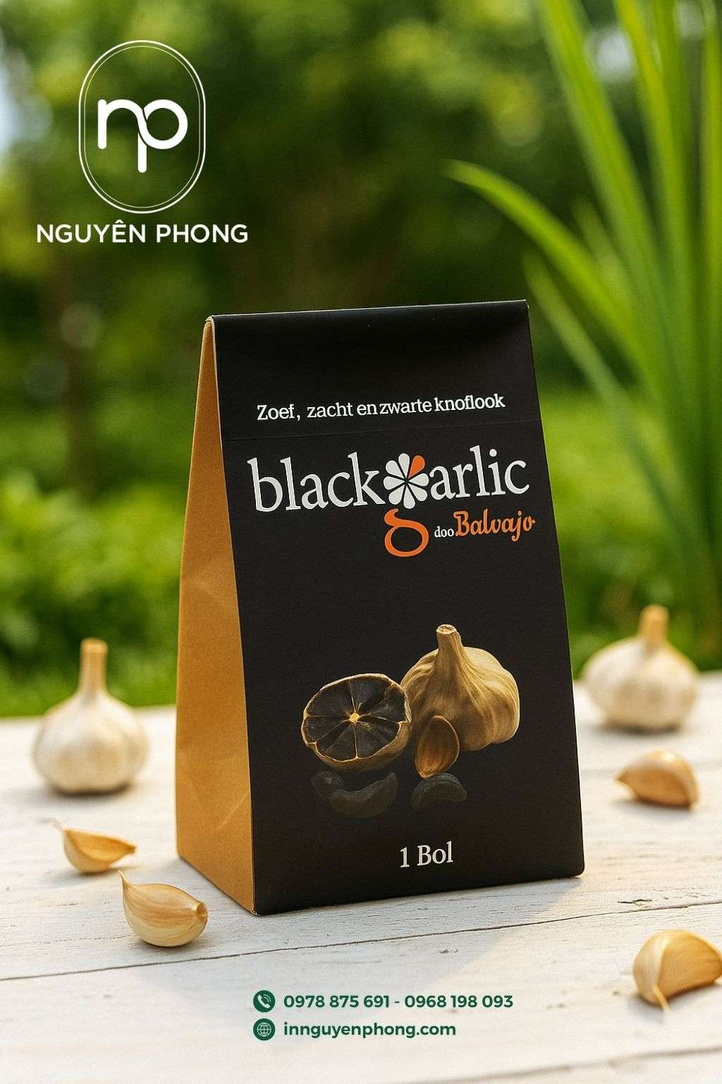 Mẫu túi kraft nâu đựng tỏi đen kiểu gập